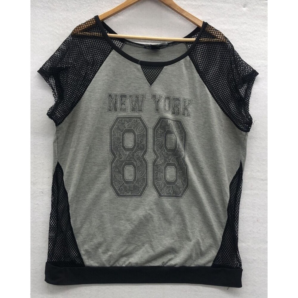 Ashley Stewart Womens Muscle Tee Gray New York 88 Mesh Shoulders Streetwear Spor